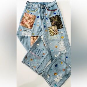 One of a kind Handmade Embellished Patchwork Jeans
